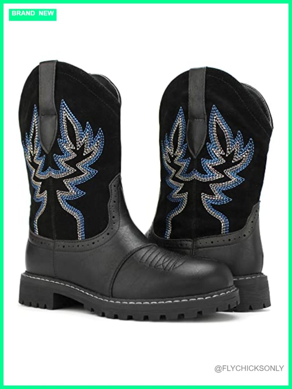 Western Cowgirl Mid Calf Boots Embroidered Faux Leather Round Toe